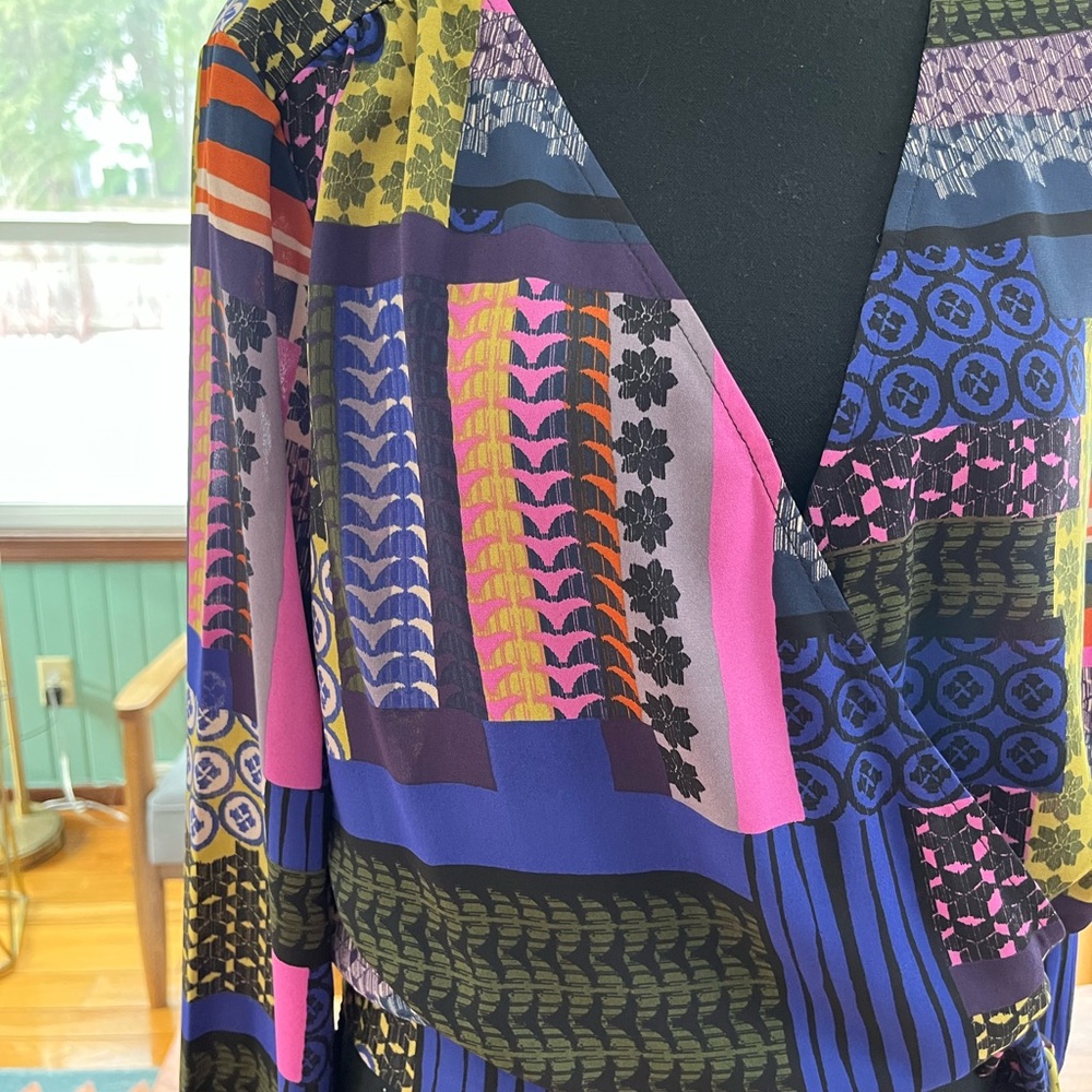 Vibrant Patchwork Pattern Wrap Blouse - image 3